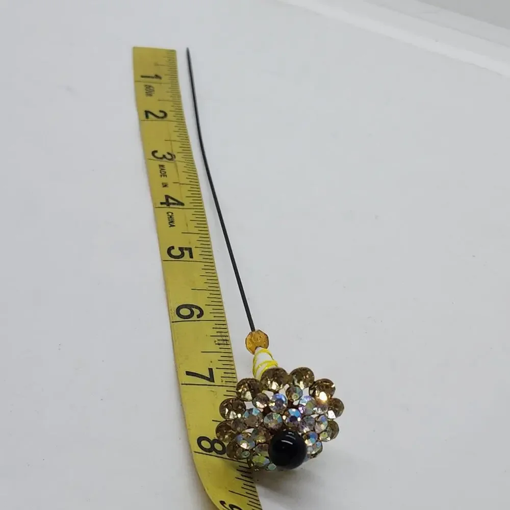 Vintage Rhinestone Stick Pin AB Crystal Black Bead Art Glass Hat Pin Estate